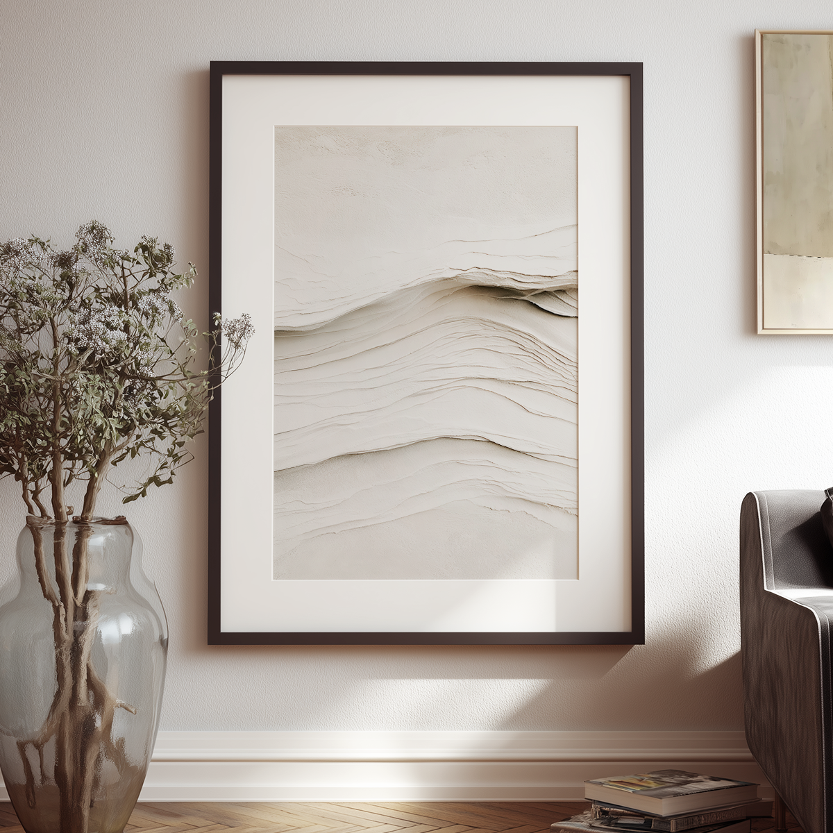Beige Abstract Wall Art | Neutral Textured Minimalist Print featuring layered neutral textures in a dark frame as modern wall art for a living room