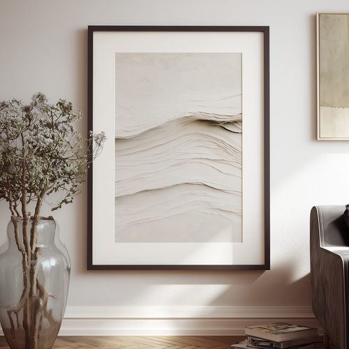 Beige Abstract Wall Art | Neutral Textured Minimalist Print featuring layered neutral textures in a dark frame as modern wall art for a living room