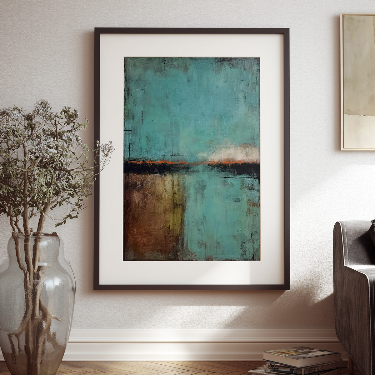 Framed Abstract Landscape Wall Art | Modern Textured Canvas Print | Contemporary Neutral Decor featuring a serene blend of teal, brown, and black tones in a minimalist living room setting.