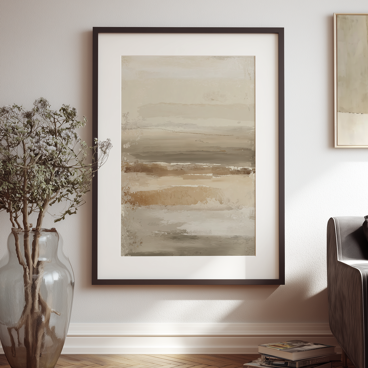Neutral Abstract Wall Art Canvas | Beige Taupe Textured Horizon Art | Japandi Modern Decor hanging on a white wall beside a glass vase with greenery, modern minimalist living room decor.