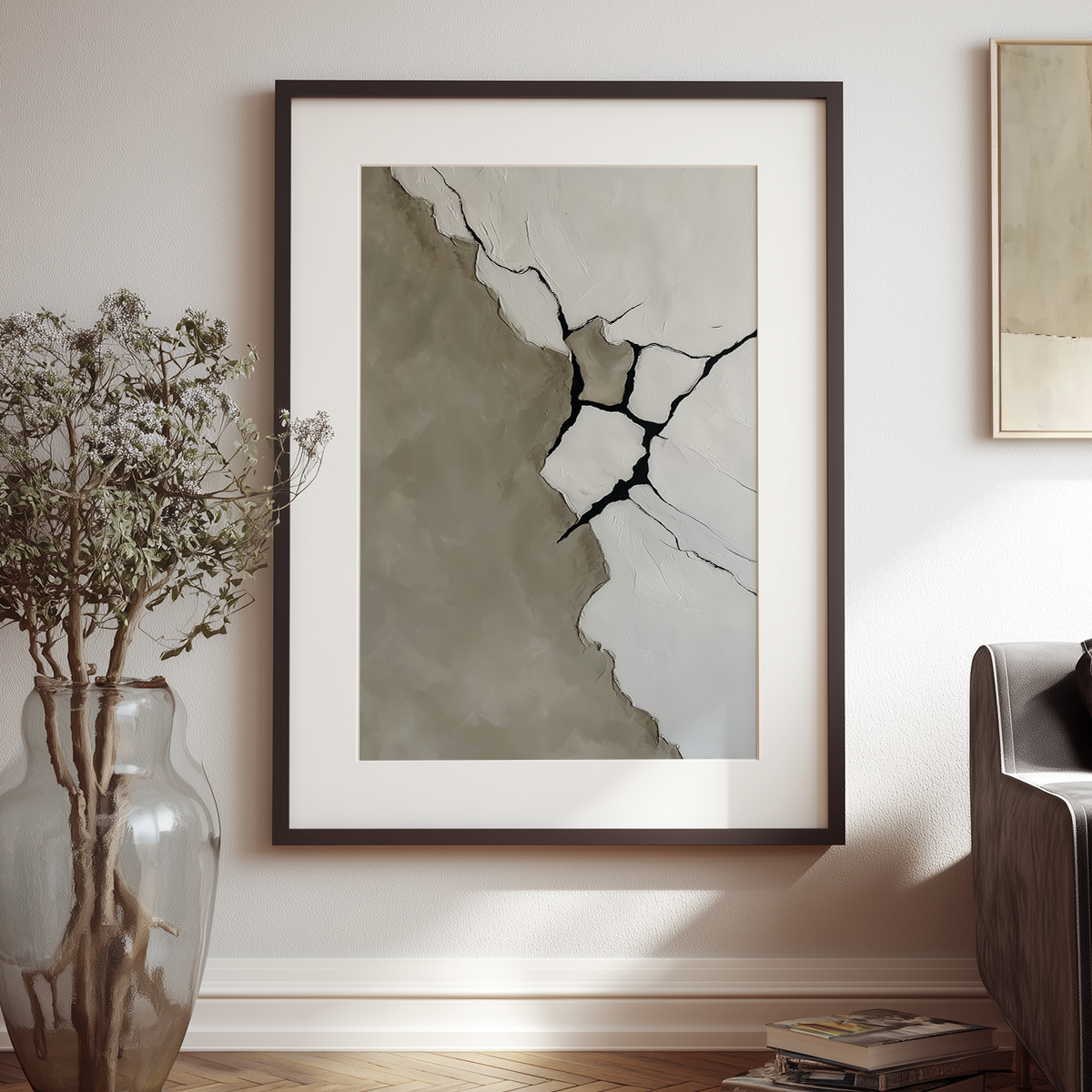 Framed Fractured Silence | Minimalist Abstract Art Print | Canvas & Poster Print featuring neutral tones with cracked and textured design, modern minimalist wall art by CreativefloArt.