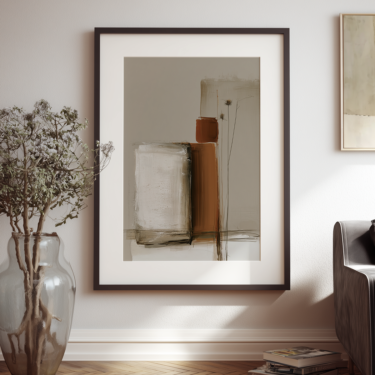 A framed abstract art print featuring geometric shapes in beige, brown, and white, styled on a light beige wall in a modern living room setting next to a glass vase with dried branches.