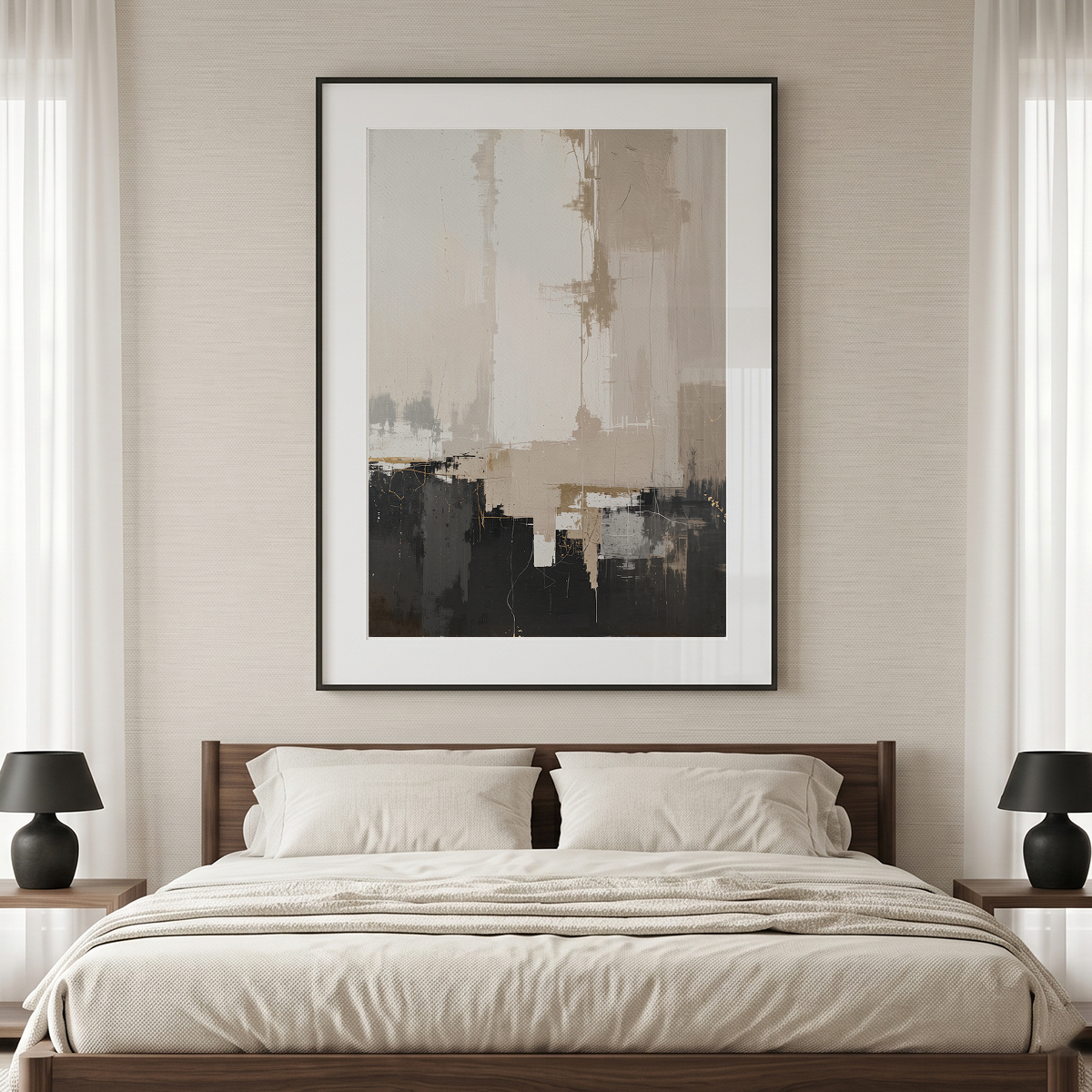 A large framed abstract wall art print hangs above a neatly made bed in a minimalist bedroom. The artwork features a modern abstract design in beige, brown, black, and gray tones, surrounded by a white mat and black frame.