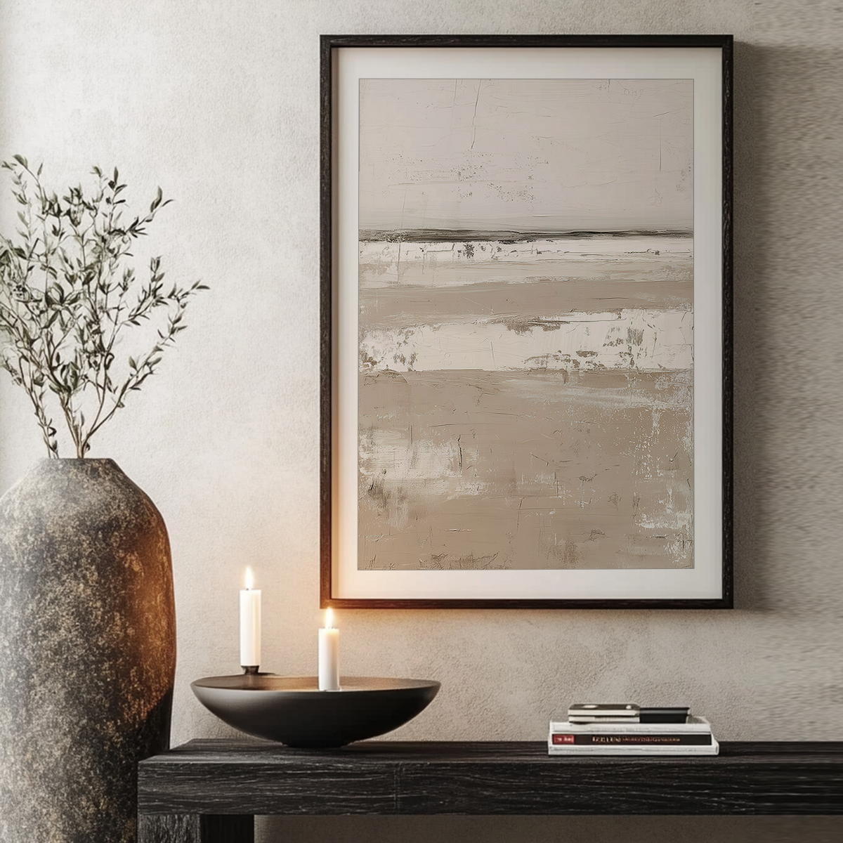 Serene Horizon Wall Art | Neutral Abstract Landscape featuring framed beige and taupe abstract art above a console with candles and a textured vase