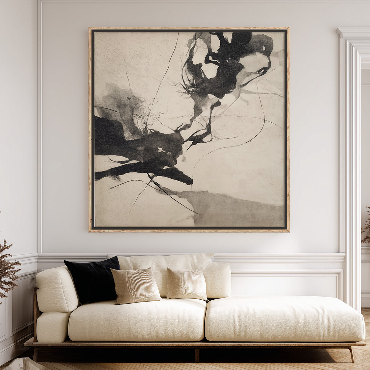 Modern black and gray abstract artwork with fluid shapes and fine lines
