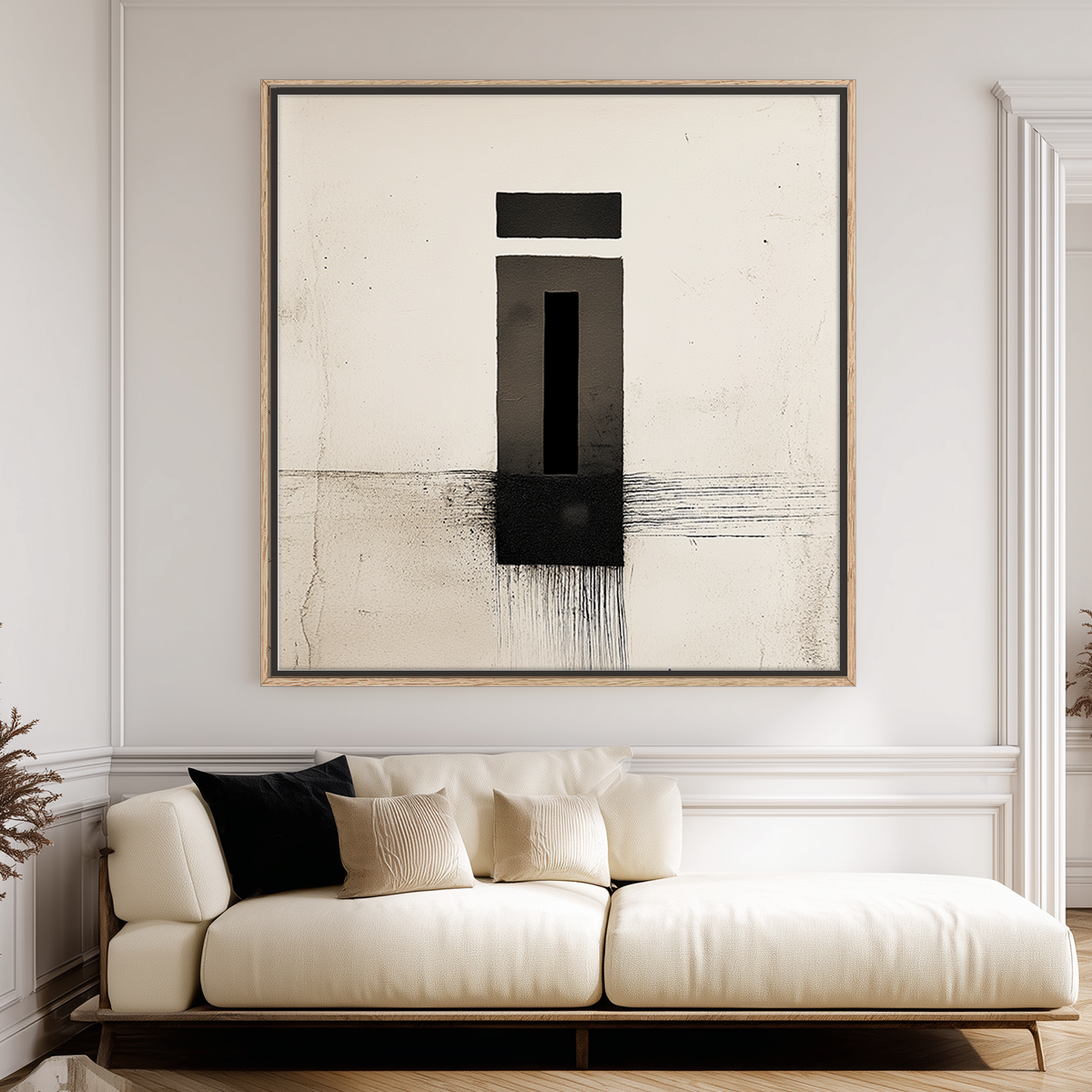 Zen Abstract Wall Art Print – Minimalist Black Ink Geometric Modern Decor featuring bold black geometric shapes on a neutral background, displayed above a cream sofa in a modern living room setting.