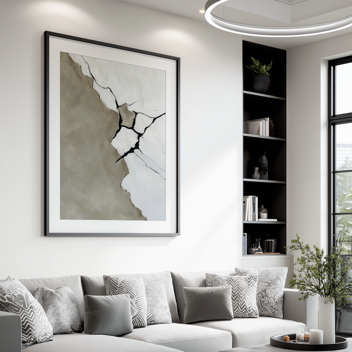 Fractured Silence | Minimalist Abstract Art Print | Canvas & Poster Print displayed above a modern gray sofa in a bright living room, featuring neutral abstract wall art with cracked design.