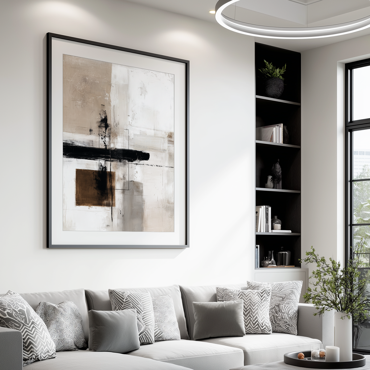 Urban Echo | Minimalist Abstract Art Print | Beige, Black & Brown Geometric Brushstroke | Giclee, Canvas & Poster Print | Matte | Framed or Unframed displayed above a modern sofa in a stylish living room setting.
