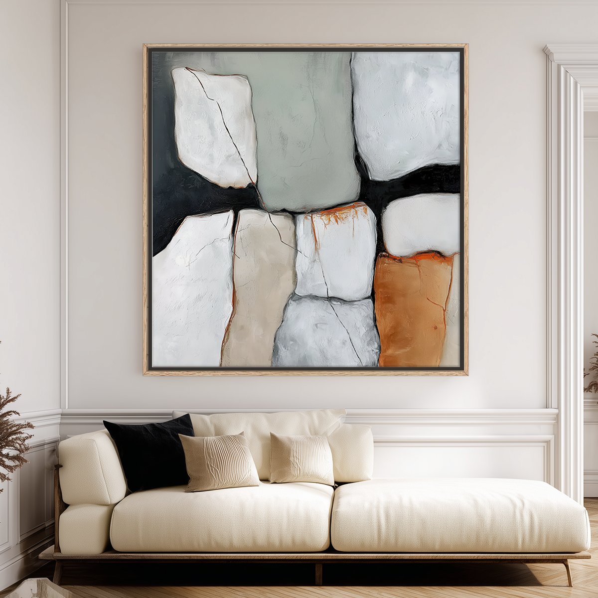 Wabi-Sabi Abstract Wall Art | Earth Tone Minimalist Print | Sage Green & Burnt Orange Decor featuring textured abstract shapes in muted sage green, burnt orange, white, and black above a modern white sofa.