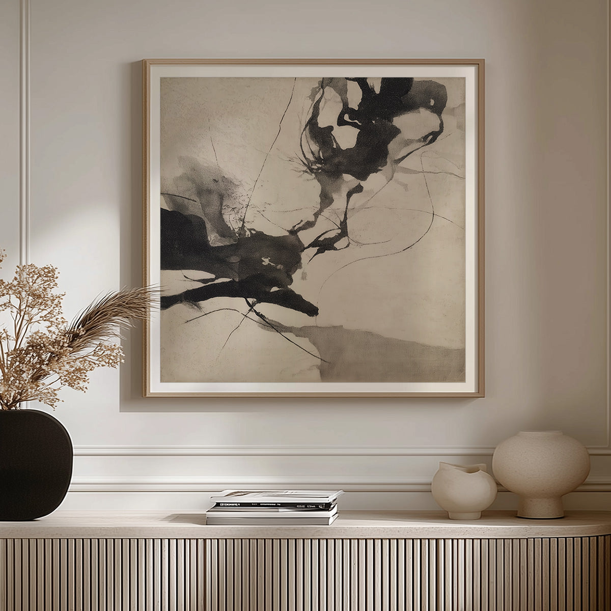 Emotive abstract painting with dramatic black and gray tones