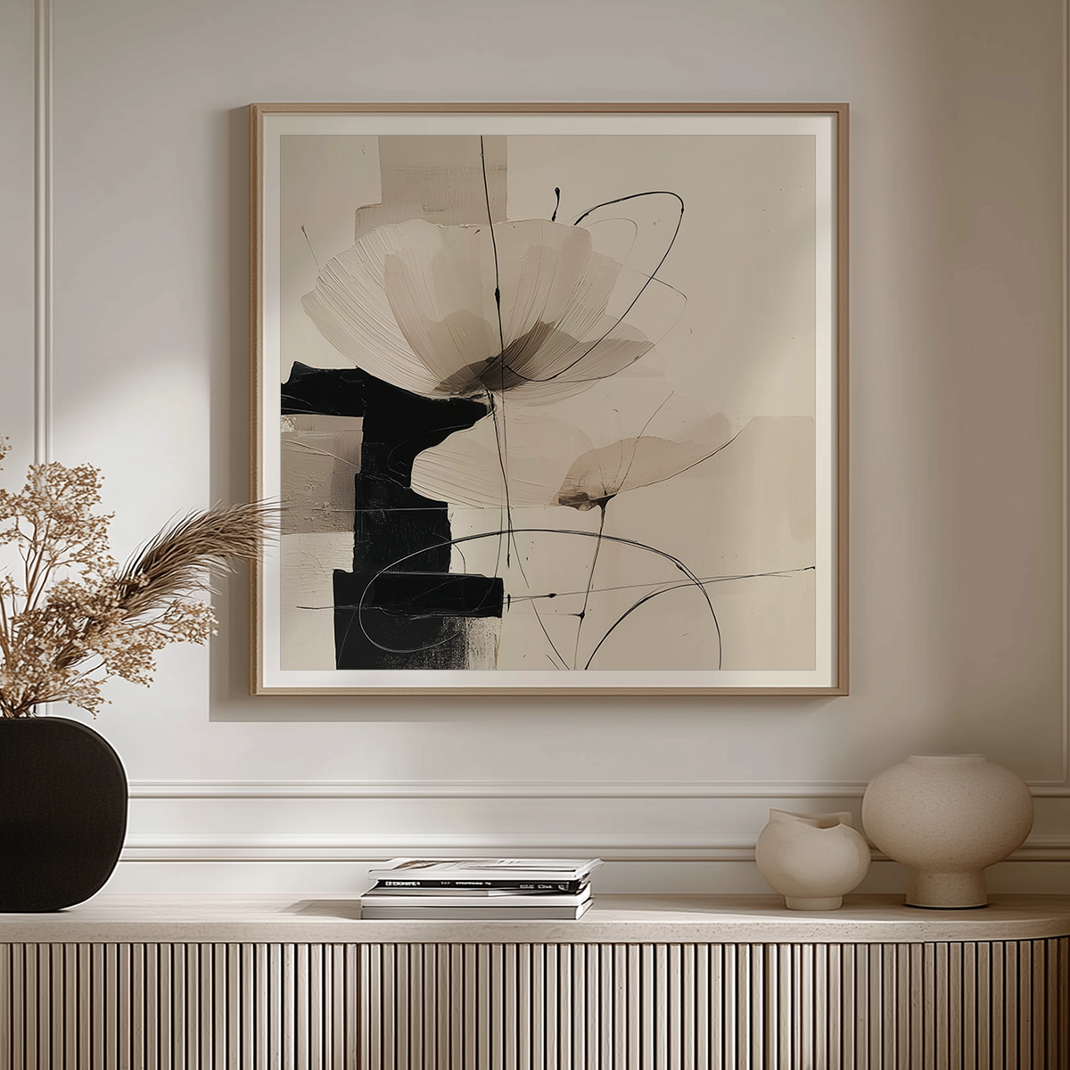 Neutral Abstract Botanical Wall Art Print - Modern Geometric Minimalist Decor featuring soft neutral tones, delicate line art of flowers, and abstract shapes in a contemporary living space.