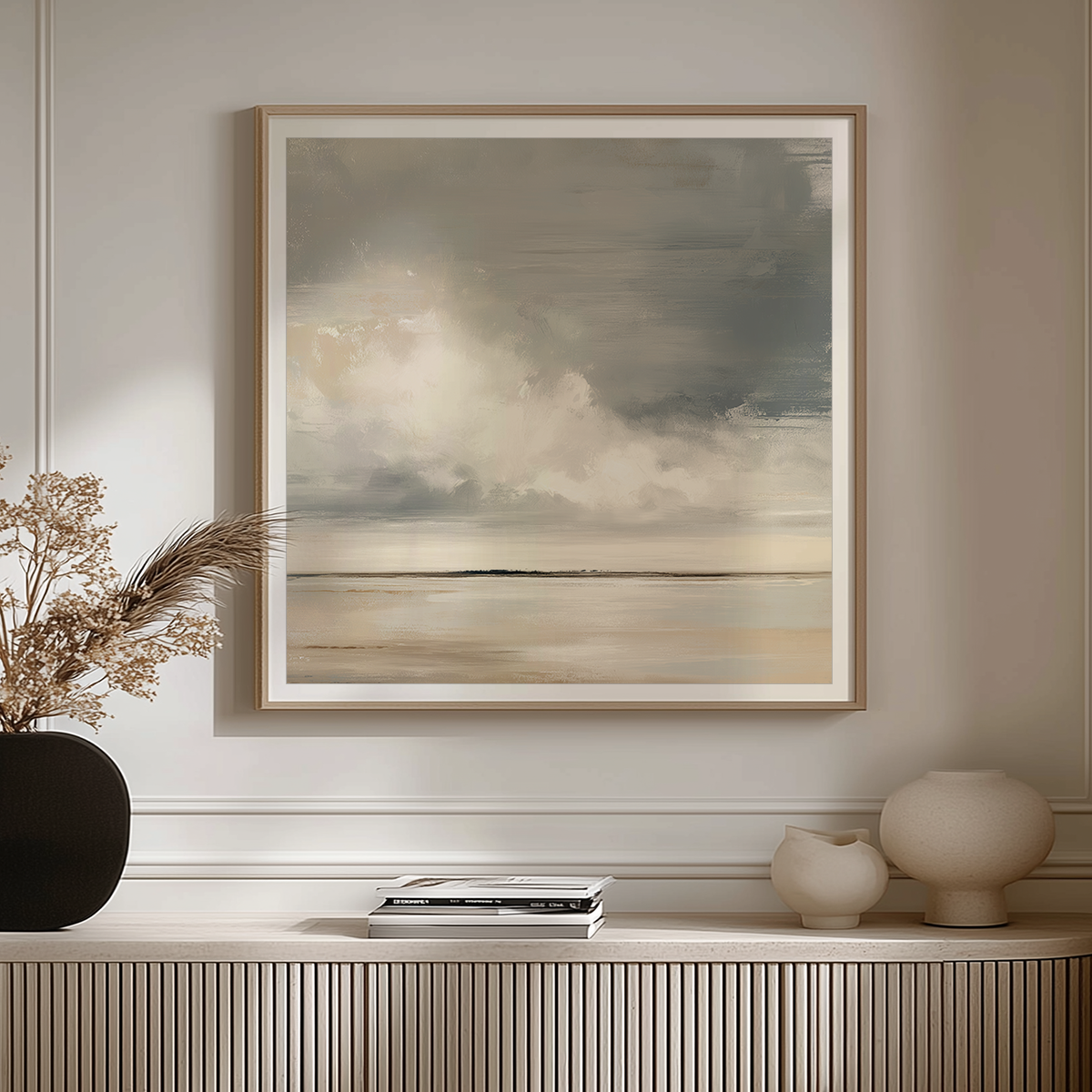 Neutral Serene Horizon Abstract Canvas Print - Modern Minimalist Decor featuring soft neutral tones and a calming horizon scene, perfect for contemporary and minimalist living room wall art.
