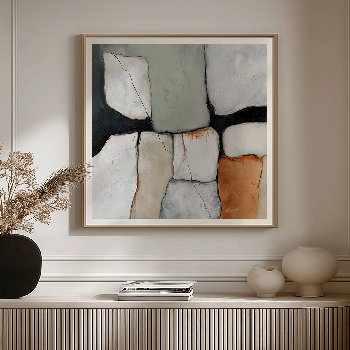 Wabi-Sabi Abstract Wall Art | Earth Tone Minimalist Print | Sage Green & Burnt Orange Decor featuring neutral abstract shapes with subtle textures, ideal modern wall art for living room.