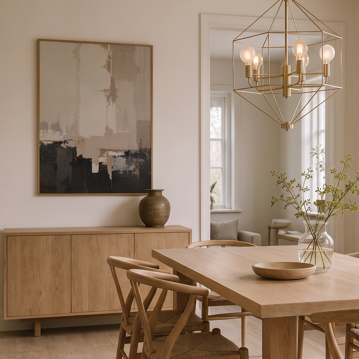 A modern dining room scene featuring a light wood dining table and chairs, a brass geometric pendant light, and a large framed abstract wall art piece above a wooden sideboard.