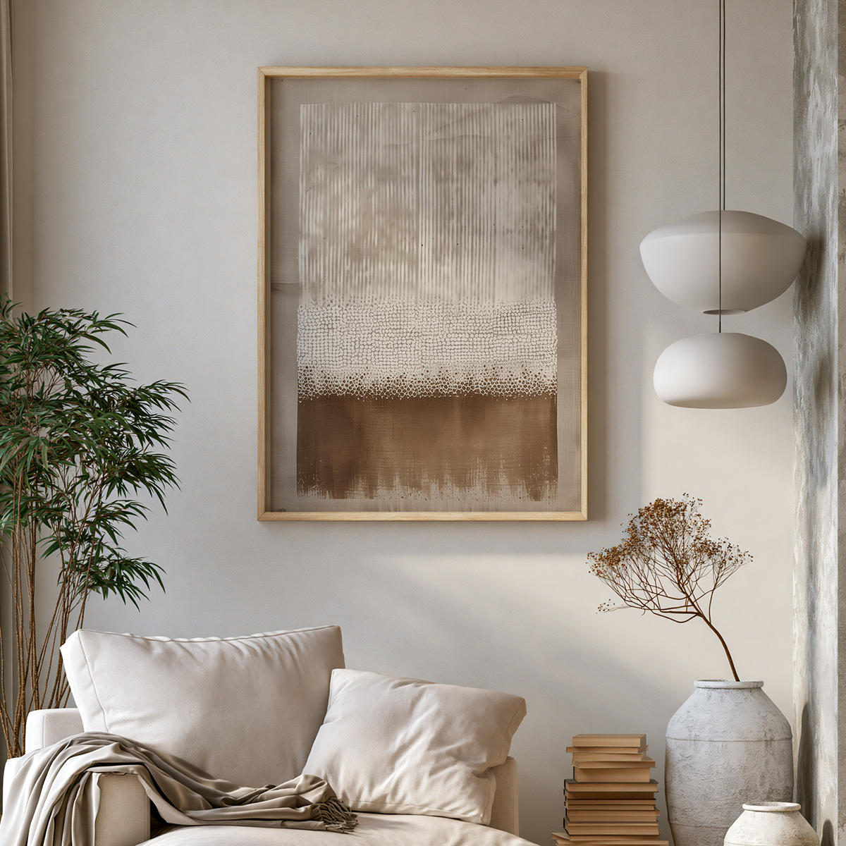 A framed abstract wall art print with a light wood frame hangs on a beige wall above a cream sofa in a styled living room. The artwork features a textured vertical pattern in beige, white, and brown tones.