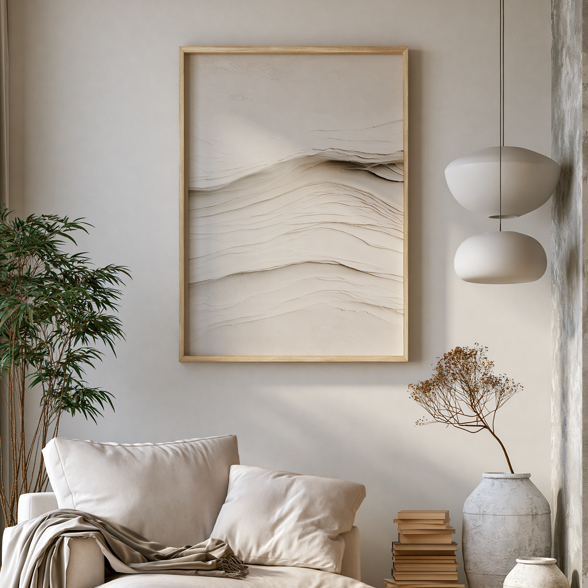 Beige Abstract Wall Art | Neutral Textured Minimalist Print featuring layered organic lines in a framed neutral abstract composition above a cozy living room sofa