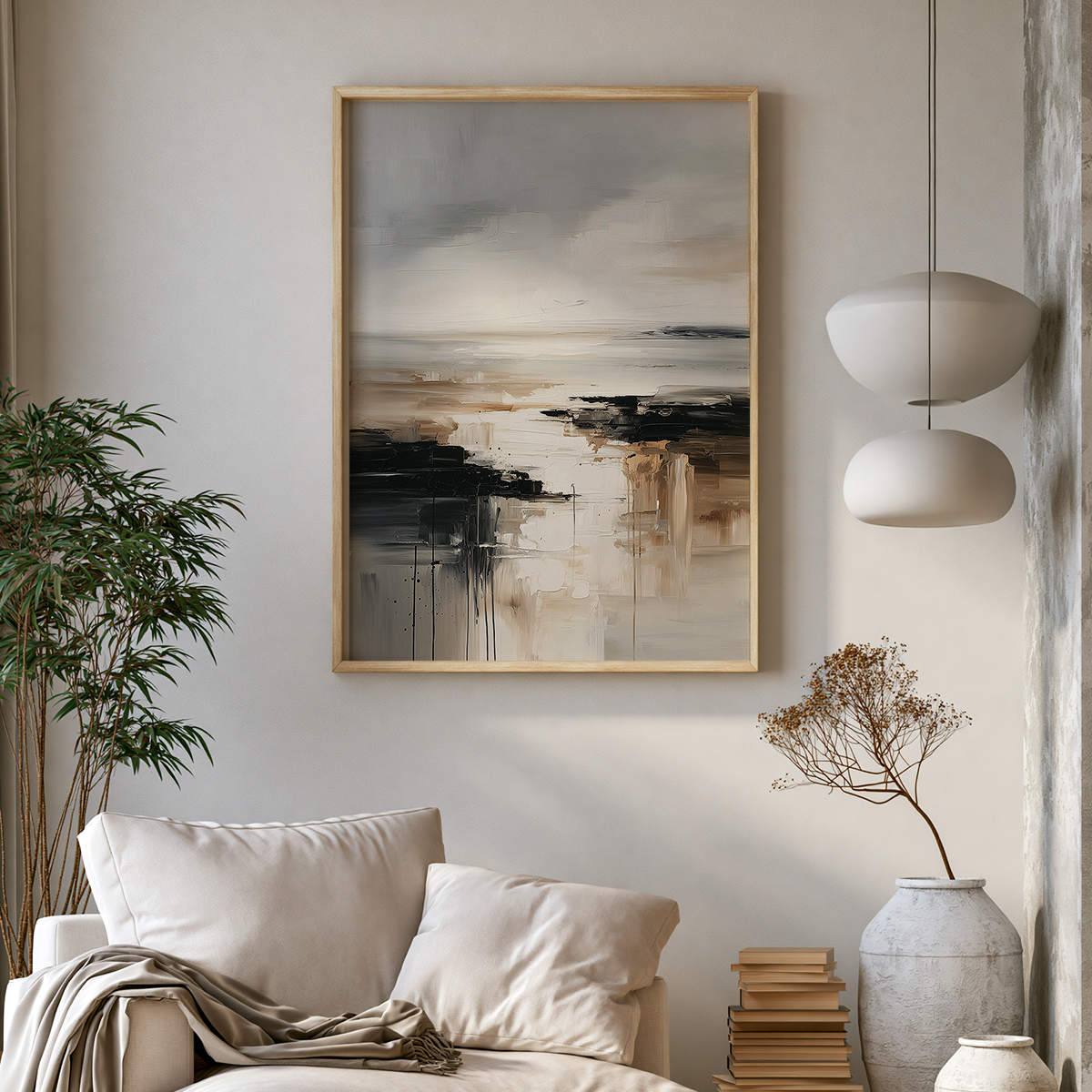 Neutral abstract landscape canvas print hanging above a seat next to a lamp in a cozy living room
