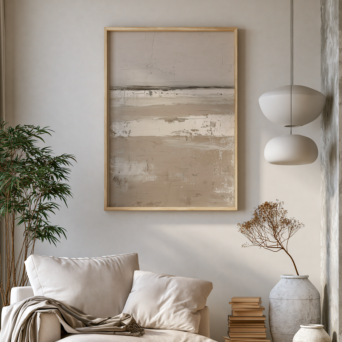 Serene Horizon neutral abstract landscape wall art framed above a seat next to a lamp in a warm