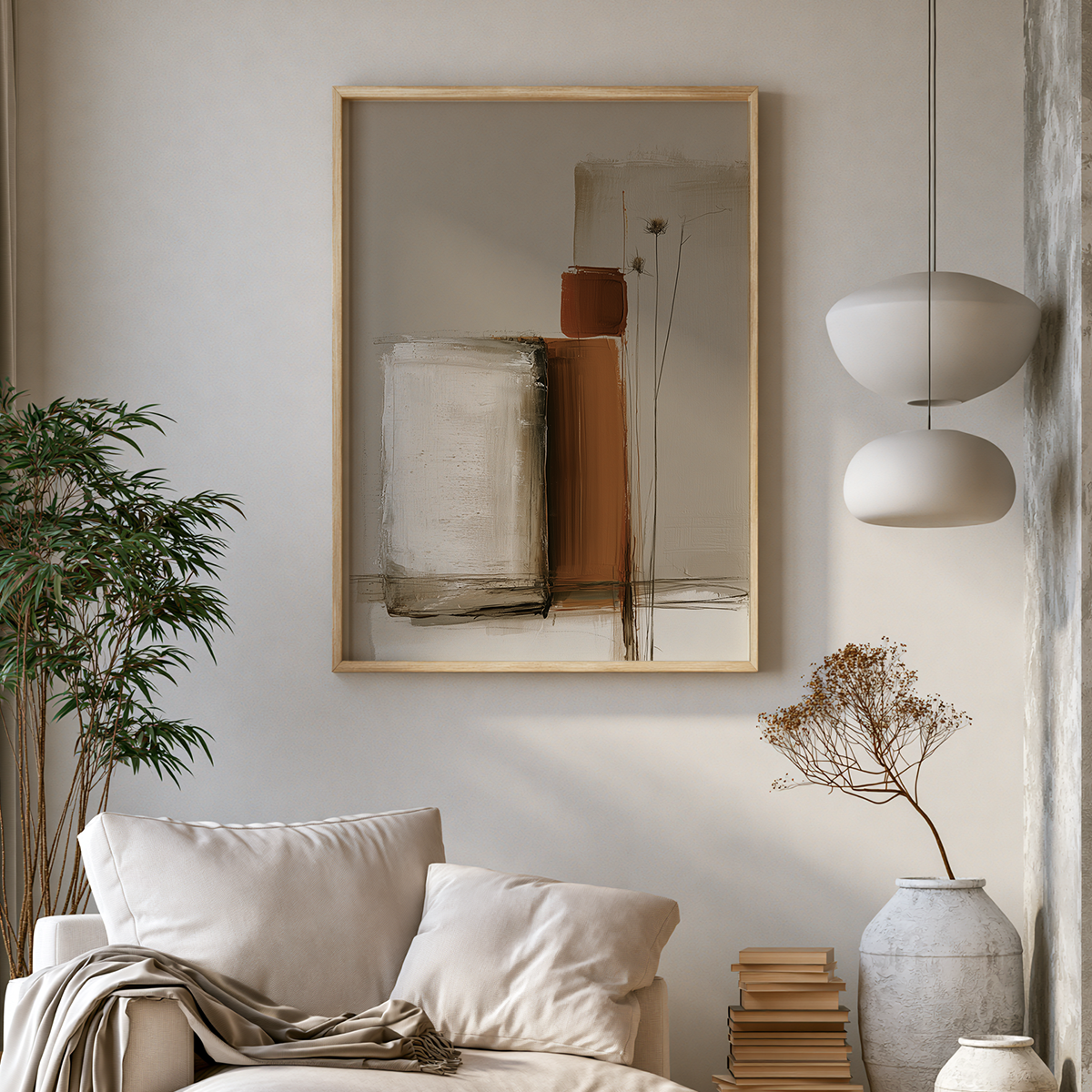 A framed abstract art print with geometric shapes in beige, brown, and white, hanging on a light gray wall above a cream-colored sofa in a styled living room setting.