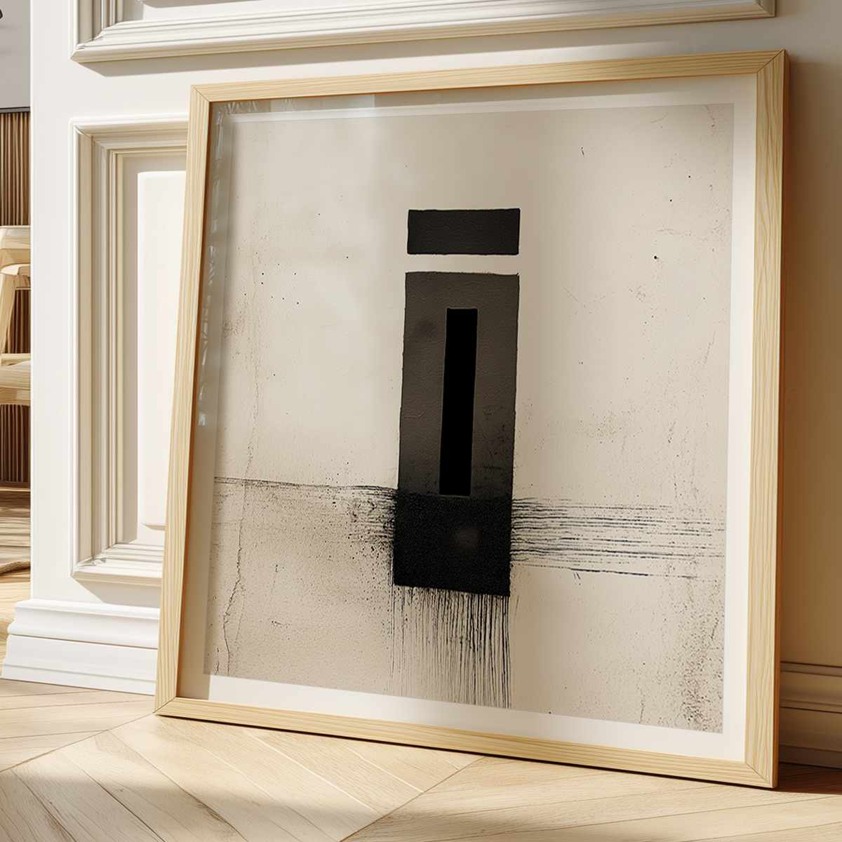 Framed Zen Abstract Wall Art Print – Minimalist Black Ink Geometric Modern Decor leaning against a wall in a bright room, featuring bold black shapes and subtle textured background.