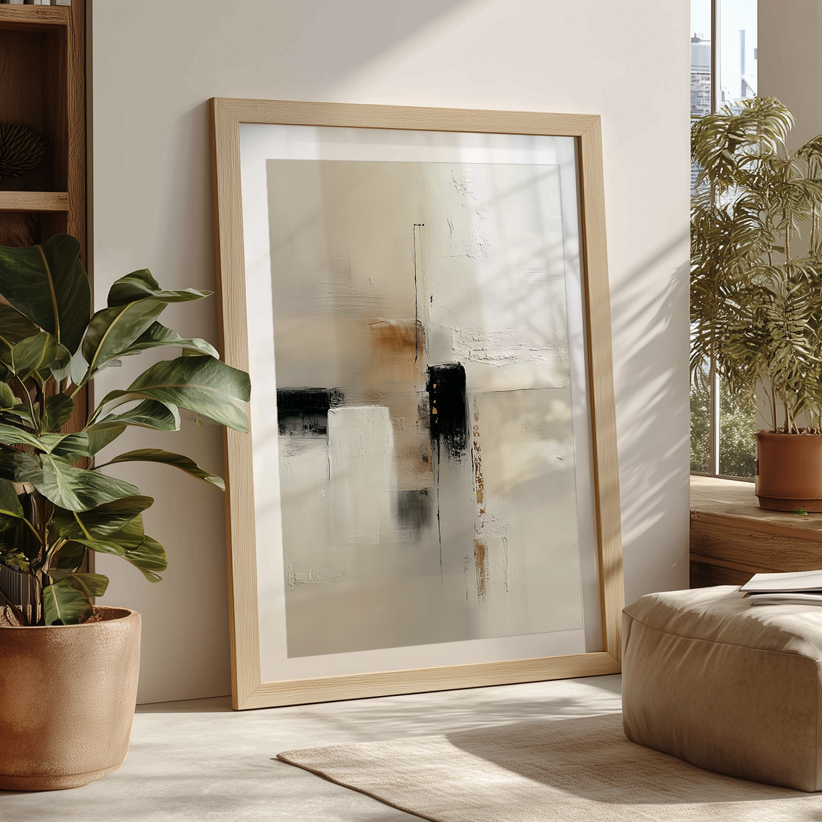 Japandi Abstract Wall Art | Neutral Textured Canvas with Gold Accents | Modern Minimalist Decor featuring soft beige and cream tones with black and gold highlights, leaning against a wall in a bright, modern living space.
