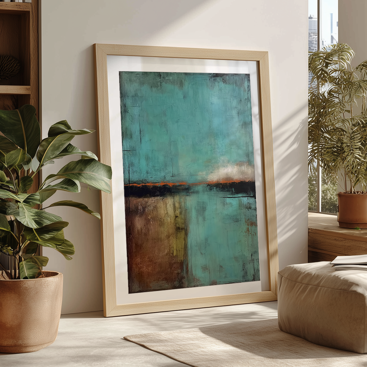 Abstract Landscape Wall Art | Modern Textured Canvas Print | Contemporary Neutral Decor featuring a serene blue and earthy brown abstract design leaning against a white wall near green plants and natural light.