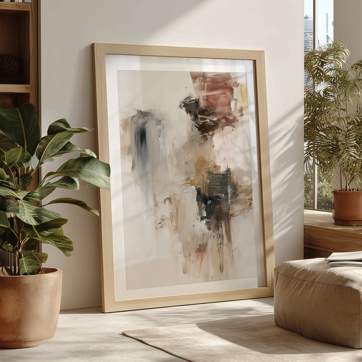 A large framed abstract art print with a light wood frame and white mat, leaning against a beige wall in a styled living room with potted plants and a beige ottoman.