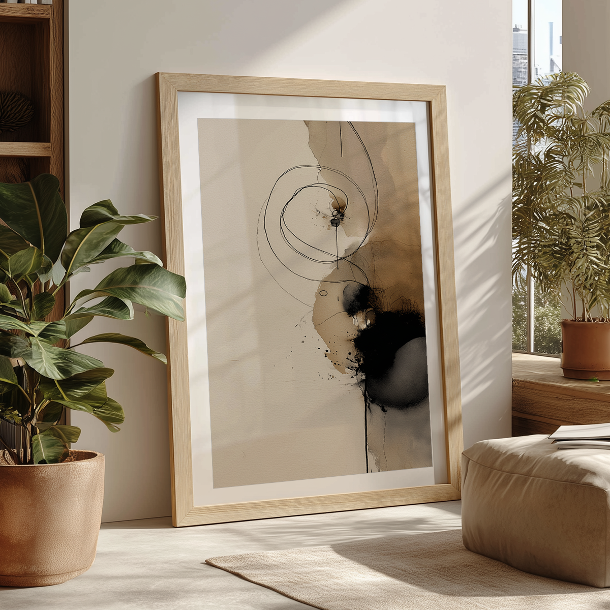 Ink Harmony | Japandi Abstract Canvas Print | Beige & Black Minimalist