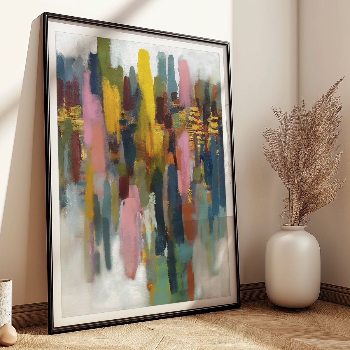 Geometric abstract wall decor in a neutral color palette