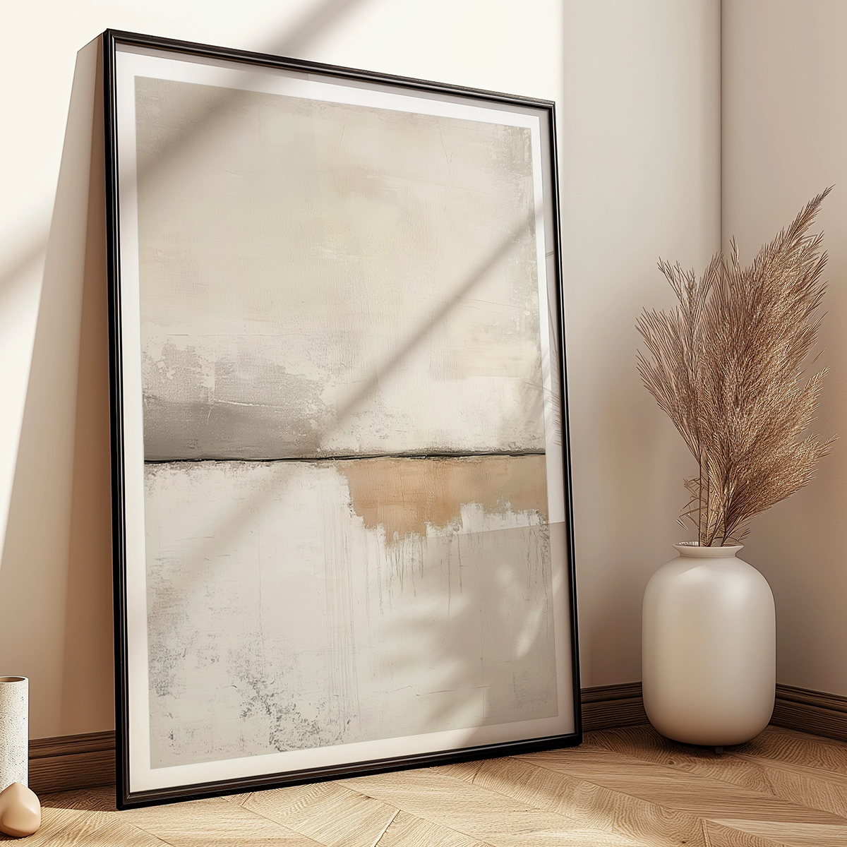 Scandinavian Modern Neutral Abstract Wall Art - Beige Minimalist Canvas Print featuring soft neutral tones and subtle textures displayed in a modern interior setting with dried pampas grass.