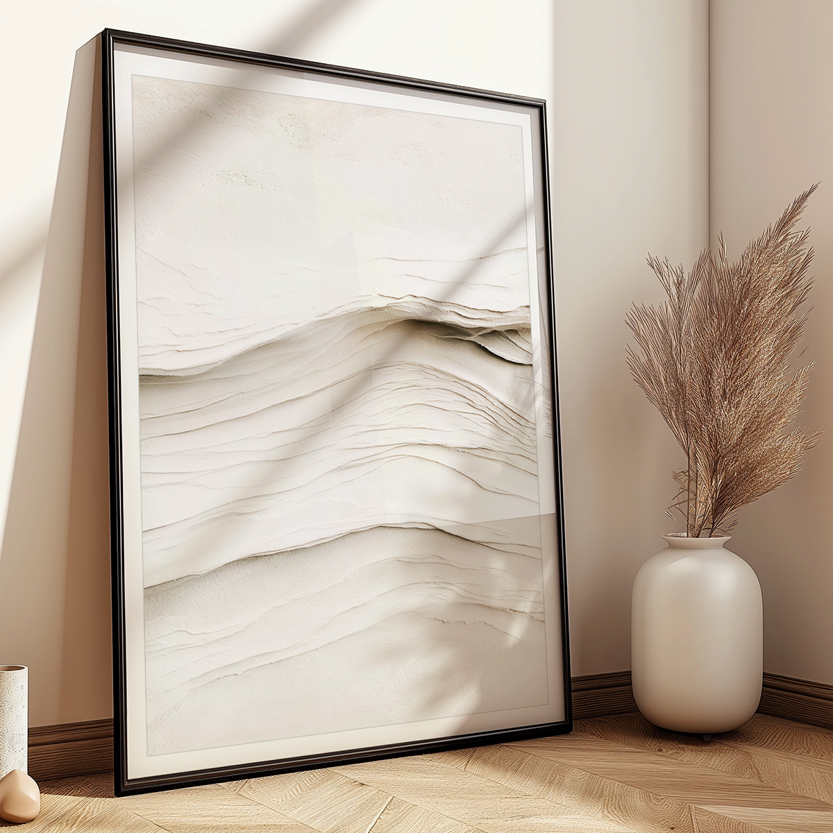 Beige Abstract Wall Art | Neutral Textured Minimalist Print framed neutral abstract art with layered flowing textures beside a ceramic vase in a warm living room
