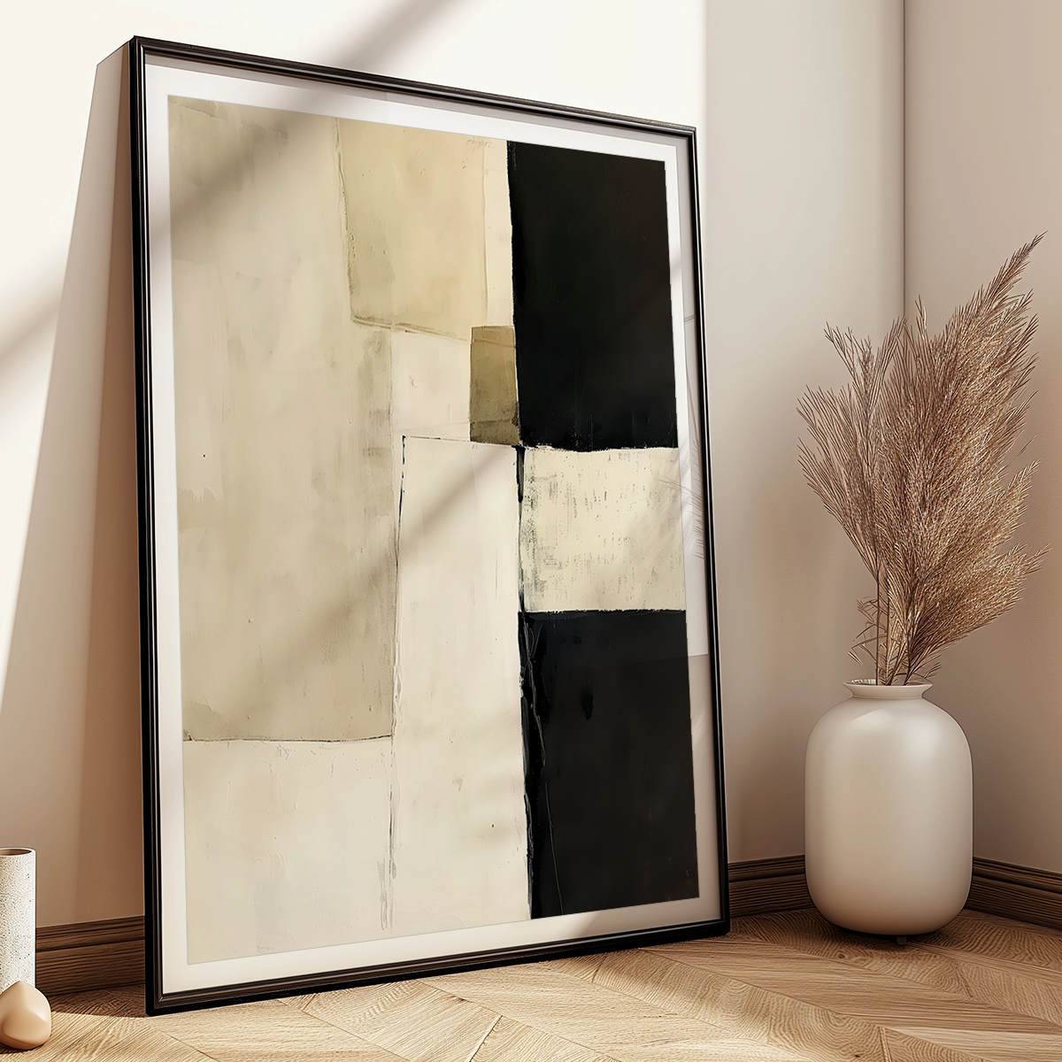 Framed Architectural Abstract Wall Art | Modern Neutral Geometric Canvas | Textured Minimalist Decor leaning against a wall next to a vase with dried pampas grass in a softly lit room.