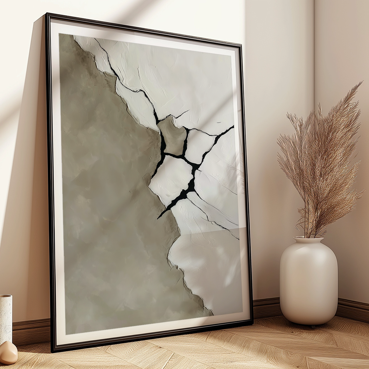 Fractured Silence | Minimalist Abstract Art Print | Canvas & Poster Print featuring neutral tones and black crack-like lines, displayed in a modern living space with natural decor.
