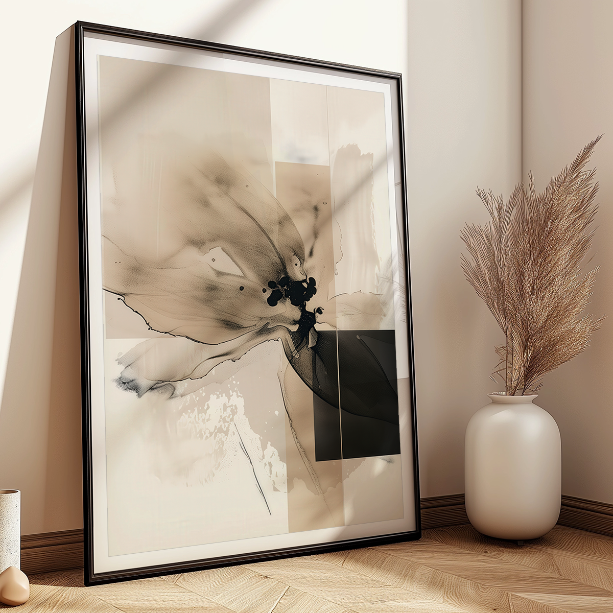 Abstract Floral Wall Art | Neutral Beige & Black Canvas