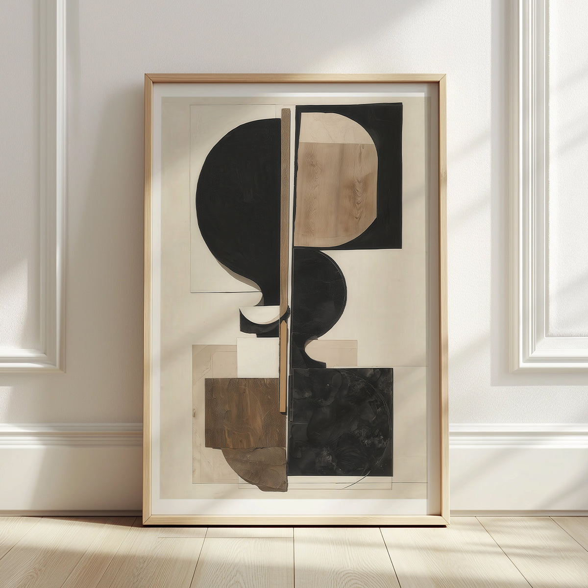Modern geometric wall art in earthy black, white, and brown colors
