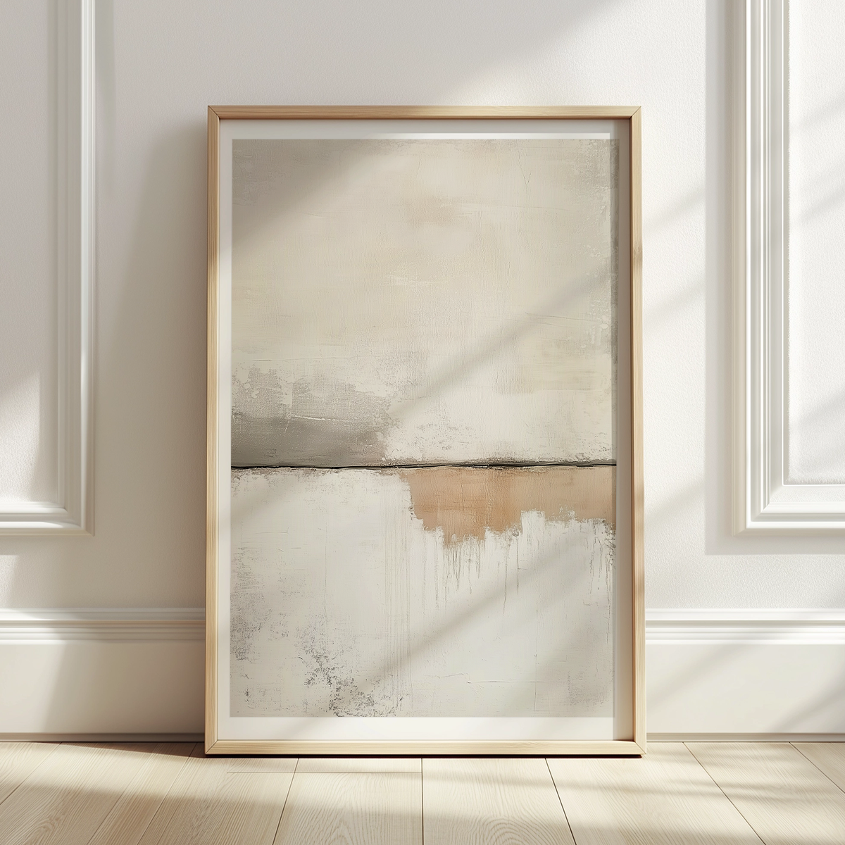 Scandinavian Modern Neutral Abstract Wall Art - Beige Minimalist Canvas Print featuring soft muted tones and textured layers in a wooden frame, ideal for modern living spaces.