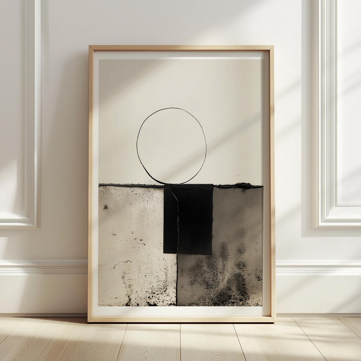 Modern Abstract Geometric Wall Art – Minimalist Black & White Textured Print featuring a simple black circle above a divided textured rectangle in neutral tones, ideal for modern wall decor.