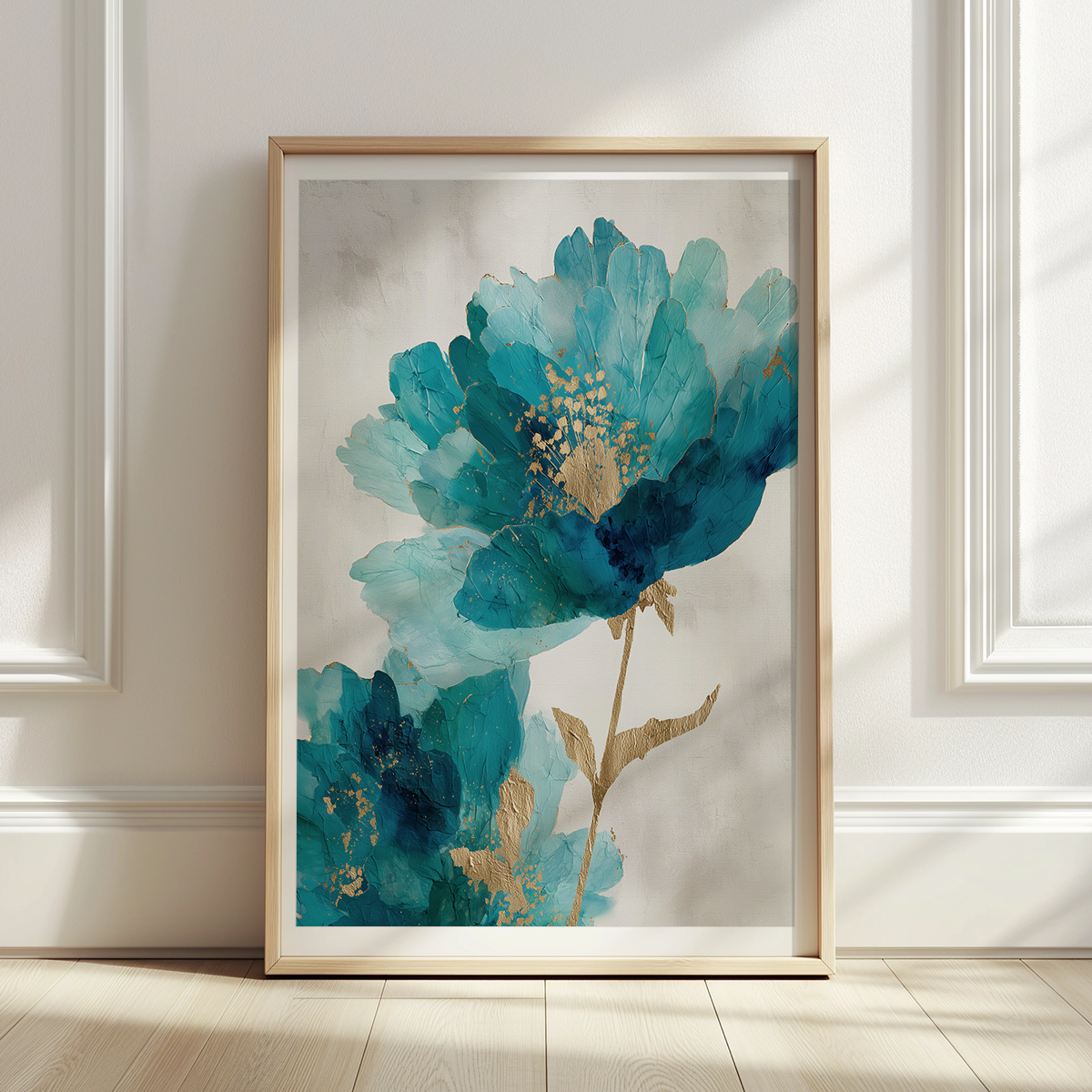 Blue Infusion Abstract Floral Wall Art | Teal & Indigo Botanical Canvas | Modern Luxe Decor showing bold teal and indigo flowers with gold accents in a minimalist frame against a light wall background.