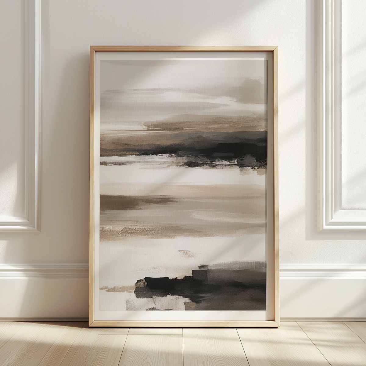 Abstract Horizon Wall Art | Neutral Watercolor Landscape featuring soft beige, taupe, and black brushstrokes in a minimalist modern design perfect for living room decor.