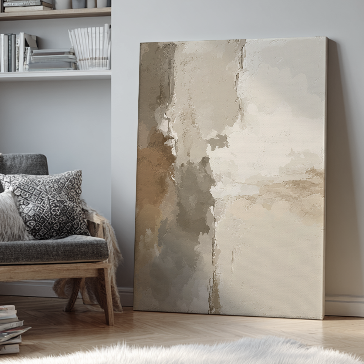 Japandi Abstract Wall Art | Neutral Textured Plaster Canvas leaning against a wall in a cozy living room setting with a neutral color palette and minimalist decor.