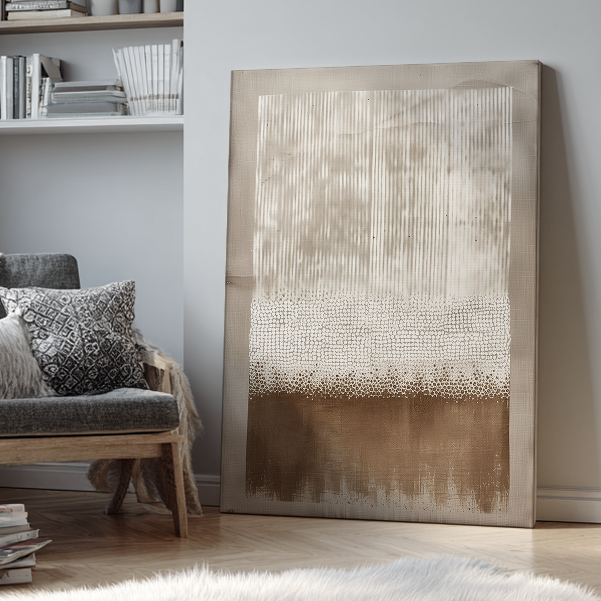 Large abstract canvas wall art leaning against a light gray wall in a styled living room, featuring a textured design with vertical lines, dense dots, and a warm brown gradient at the bottom.