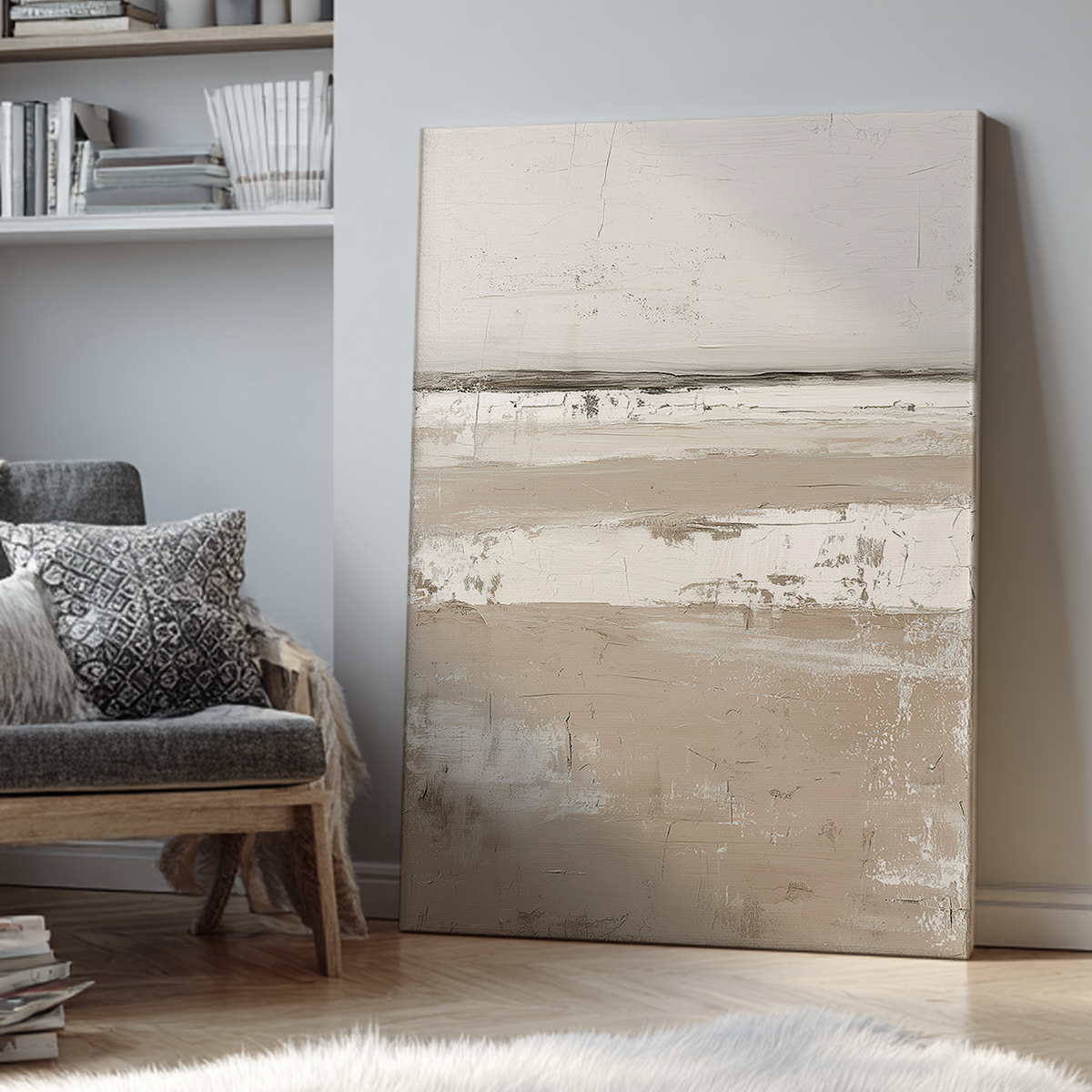 Serene Horizon Wall Art | Neutral Abstract Landscape featuring layered beige and cream horizons with textured brushwork in a modern living room setting