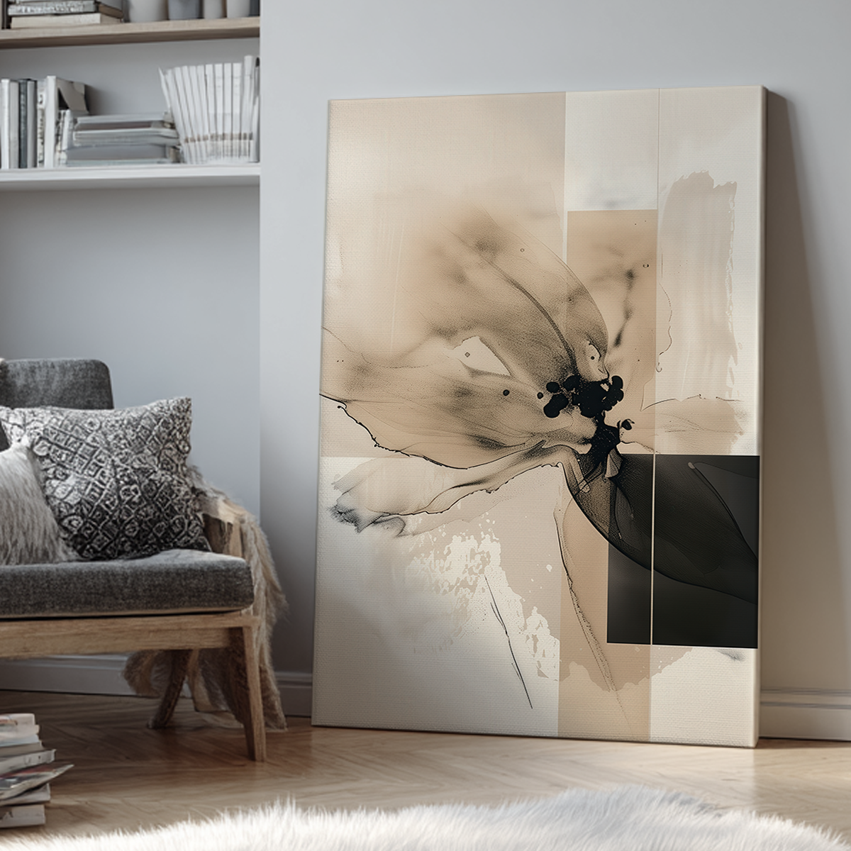 Abstract Floral Wall Art | Neutral Beige & Black Canvas