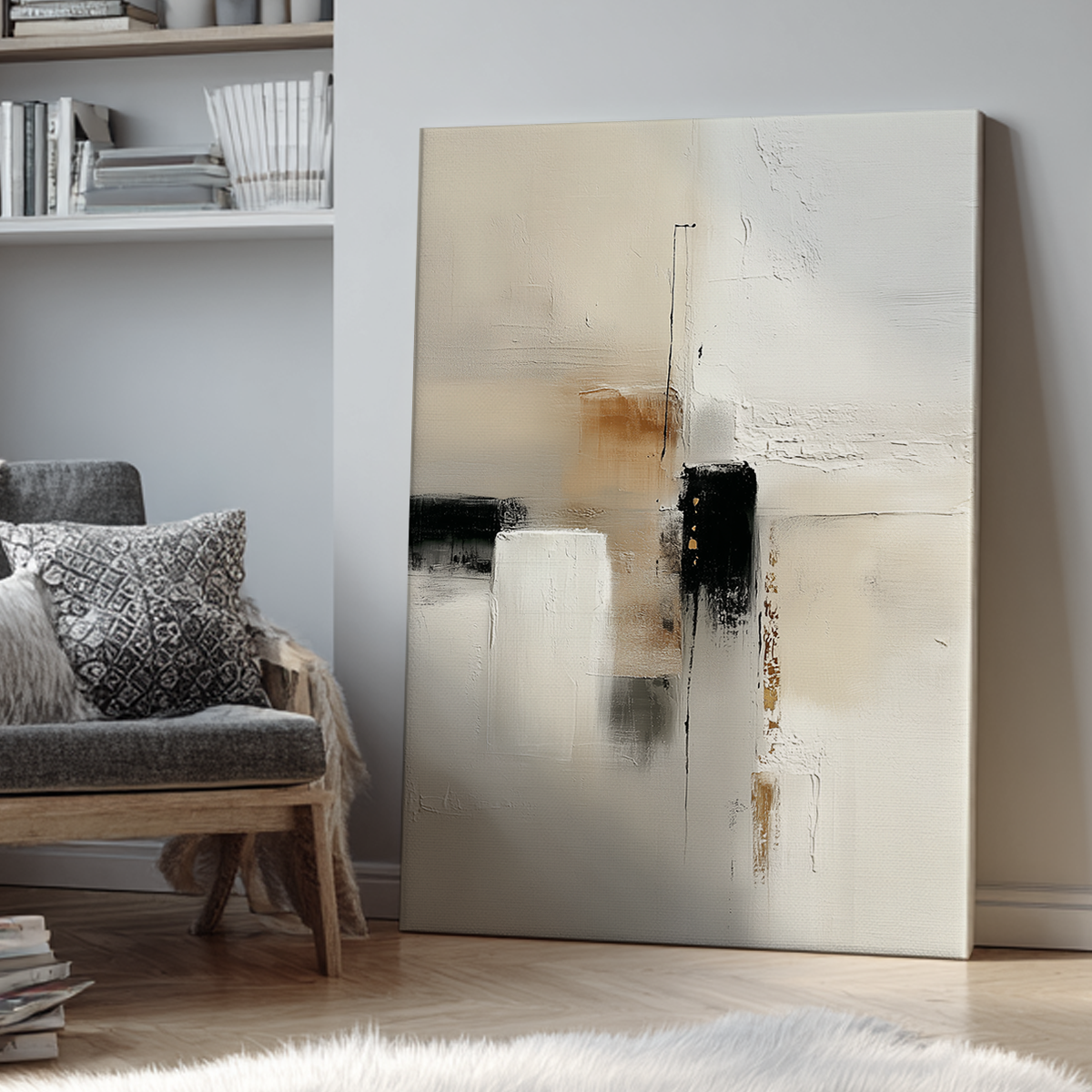 Japandi Abstract Wall Art | Neutral Textured Canvas with Gold Accents | Modern Minimalist Decor featuring soft beige and white tones with black and gold highlights displayed in a contemporary living room.