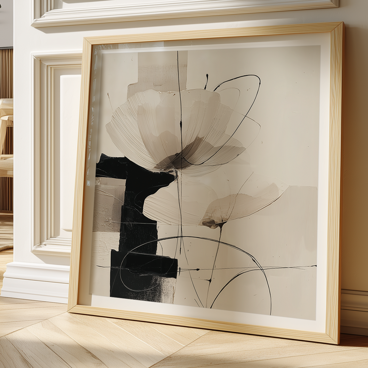 Neutral Abstract Botanical Wall Art Print - Modern Geometric Minimalist Decor featuring soft beige and black tones with delicate floral shapes and subtle geometric lines for a contemporary living space.