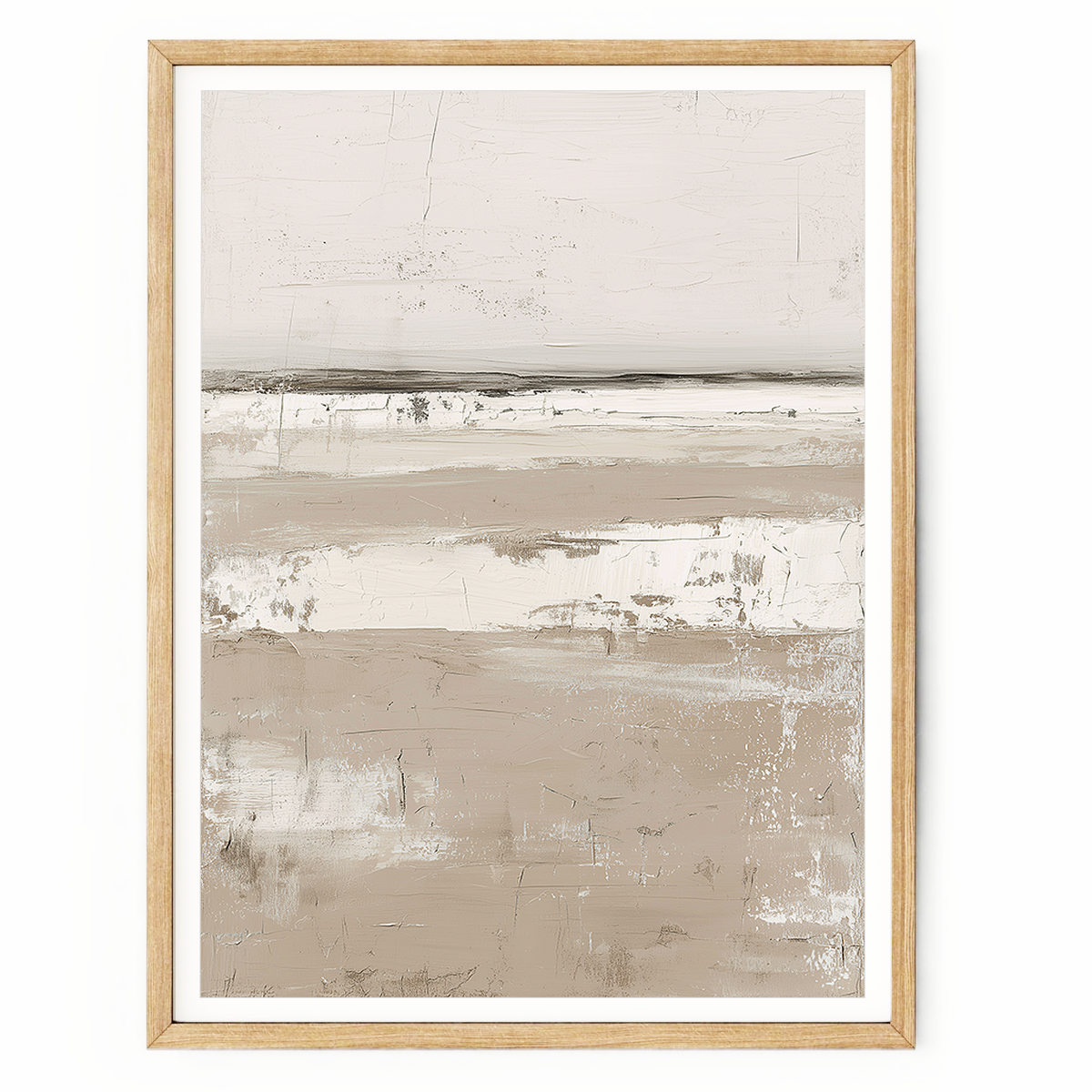 Serene Horizon neutral abstract landscape wall art featuring soft beige, cream, taupe and grey tones in a calming minimalist composition.