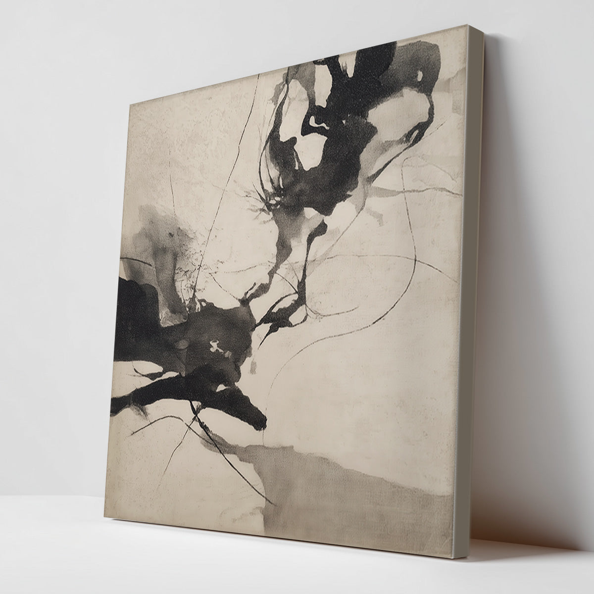 Contemporary expressionist canvas with gestural black brushstrokes