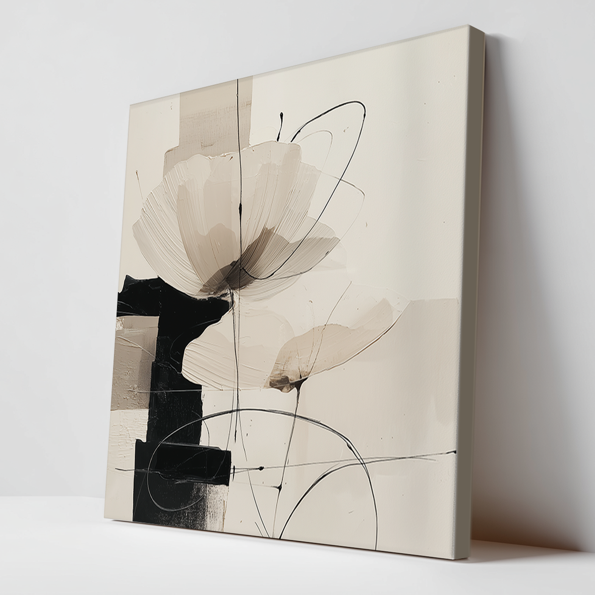 Neutral Abstract Botanical Wall Art Print - Modern Geometric Minimalist Decor featuring soft beige and black tones with delicate floral shapes and fine geometric lines in a minimalist style.