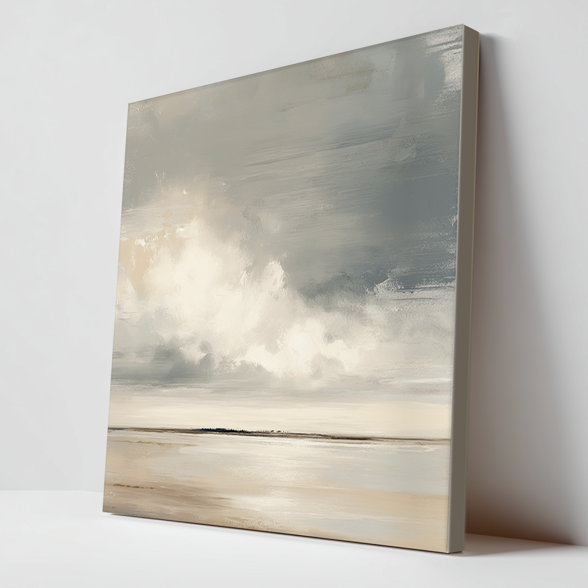 Neutral Serene Horizon Abstract Canvas Print - Modern Minimalist Decor featuring soft, muted tones and abstract brushstrokes evoking a calm and peaceful coastal landscape.