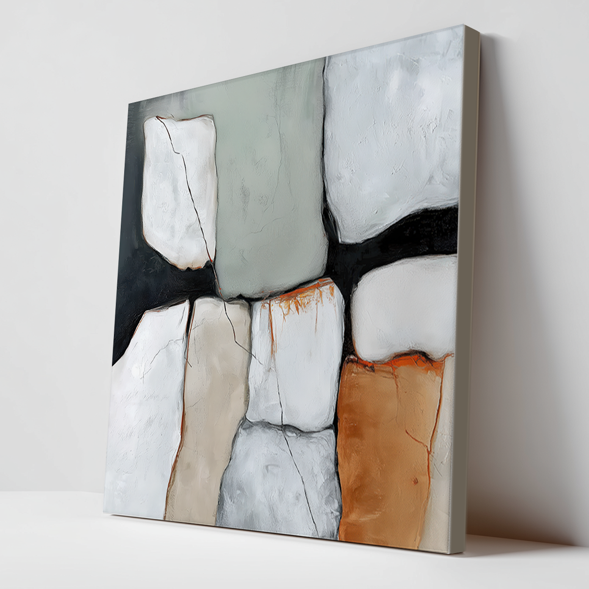 Wabi-Sabi Abstract Wall Art | Earth Tone Minimalist Print | Sage Green & Burnt Orange Decor featuring textured blocks of muted green, burnt orange, beige, white, and black in a modern abstract design.